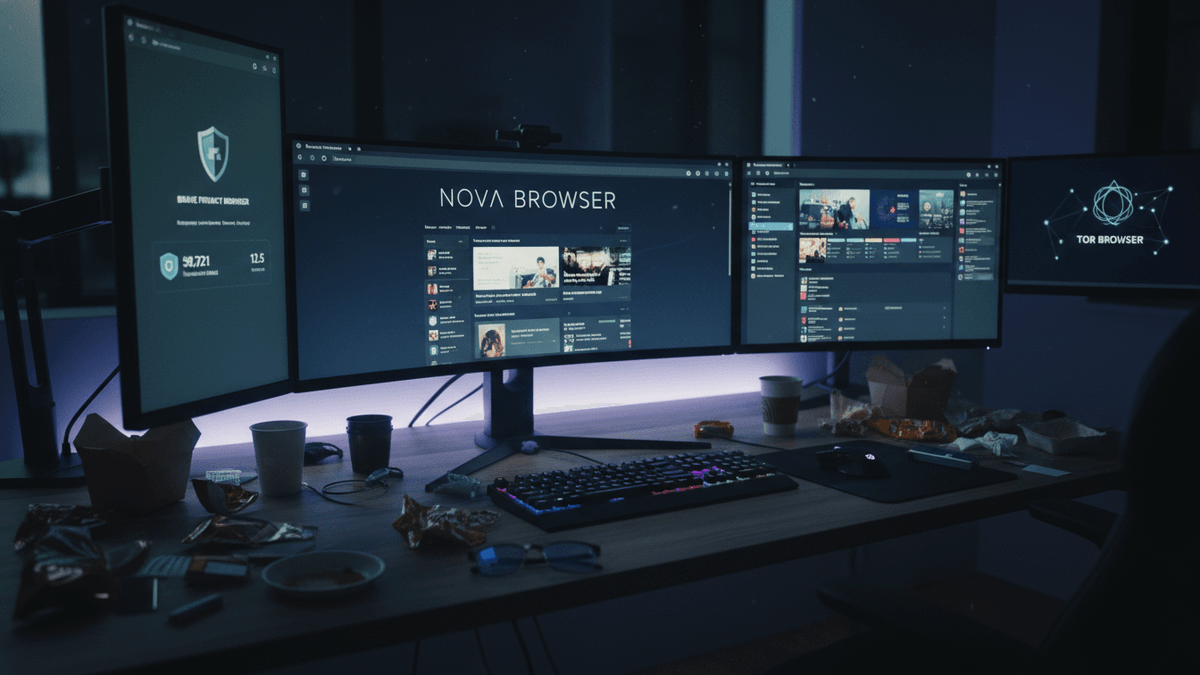 A wide shot of a multi-monitor computer setup in a dimly lit room, with screens displaying different browser interfaces like Nova and Brave, and the desk is cluttered with snack wrappers and coffee cups.