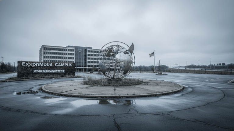 An empty, wet asphalt parking lot in front of a deserted corporate campus on a cloudy day. A large metallic globe sculpture stands prominently in a circular planter.