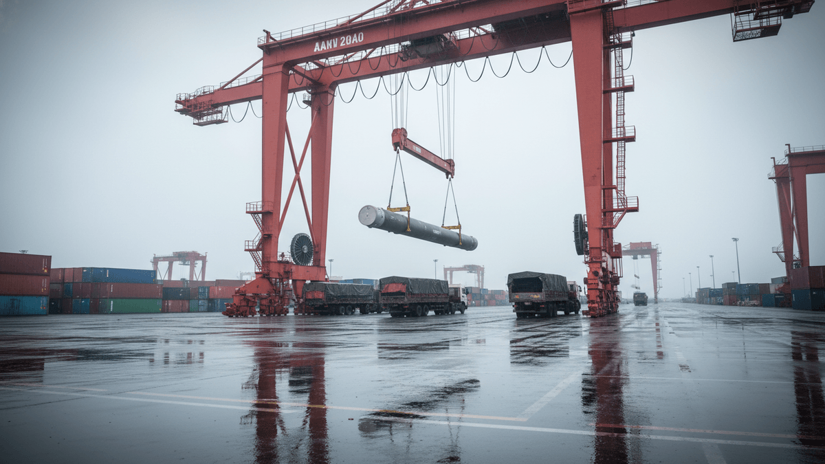 An ultra-realistic editorial photograph of a large, red gantry crane lowering a cylindrical, green missile component onto a military truck in a shipping yard. The ground is wet and reflects the overcast sky.