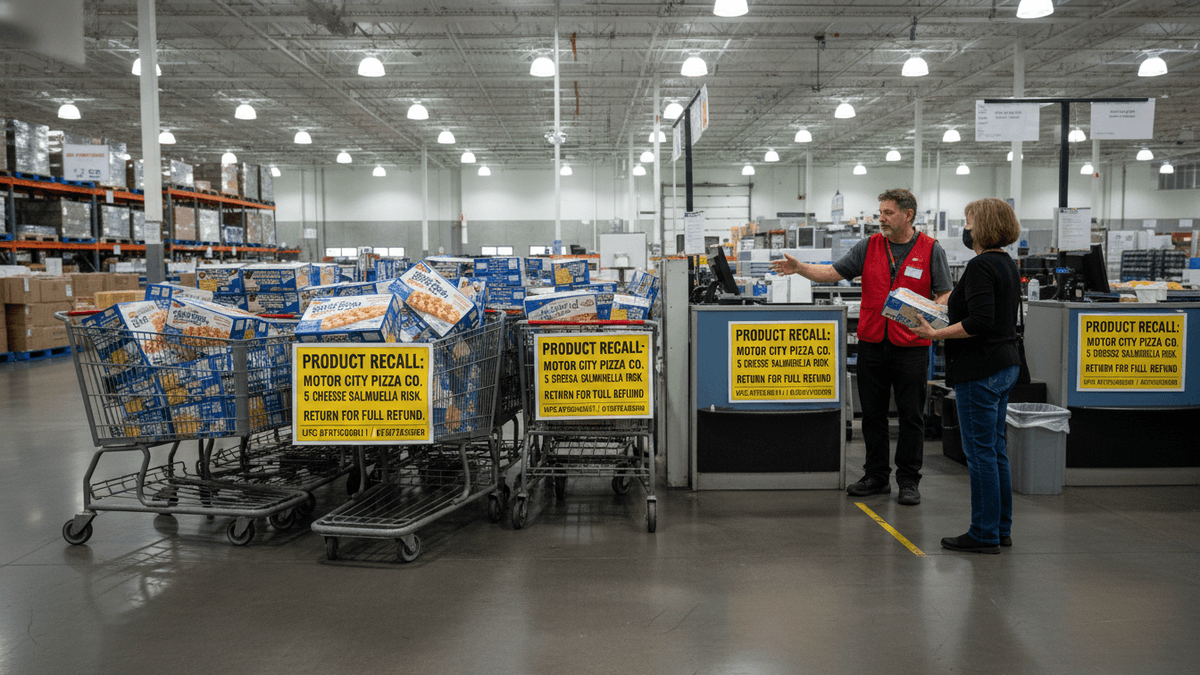A Costco employee in a red vest talks to a woman returning several boxes of recalled frozen pizza bread to a customer service desk.