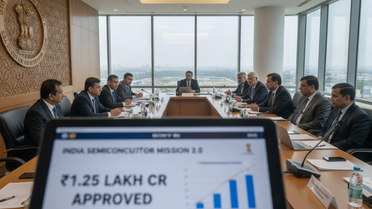 A high-level meeting in a modern conference room with large windows overlooking a city, a laptop screen shows a graph.
