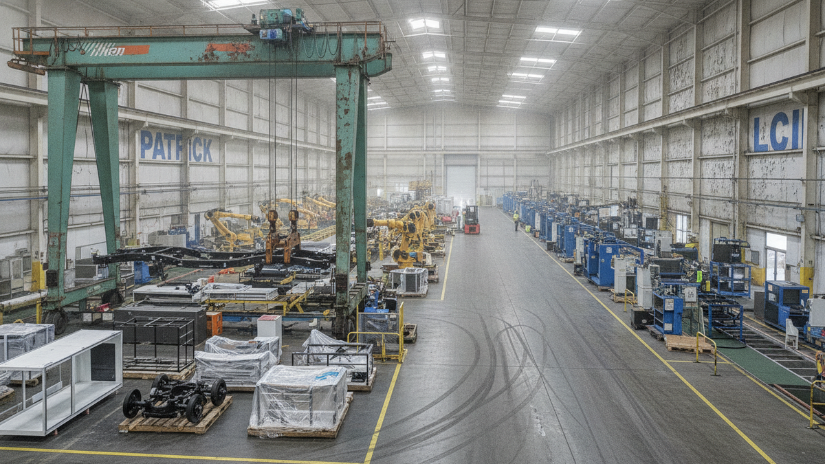 An ultra-realistic photograph of the interior of a large, active manufacturing facility with a prominent green gantry crane.