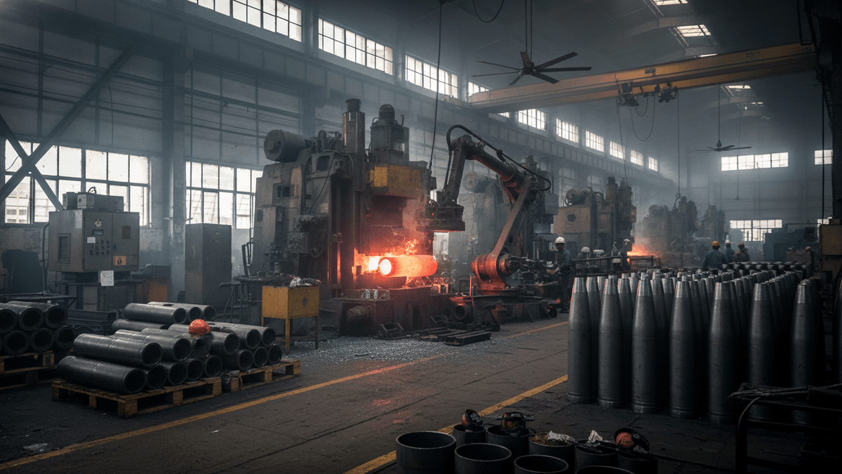 An industrial forging factory interior with large machinery, sparks, glowing hot metal, and stacks of metal tubes.