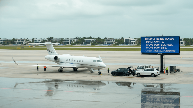 A white private jet is parked on a wet tarmac next to two black SUVs and ground crew, with a blue billboard in the background.