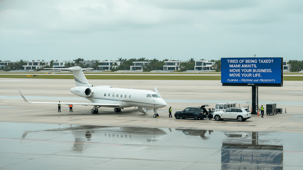 A white private jet is parked on a wet tarmac next to two black SUVs and ground crew, with a blue billboard in the background.