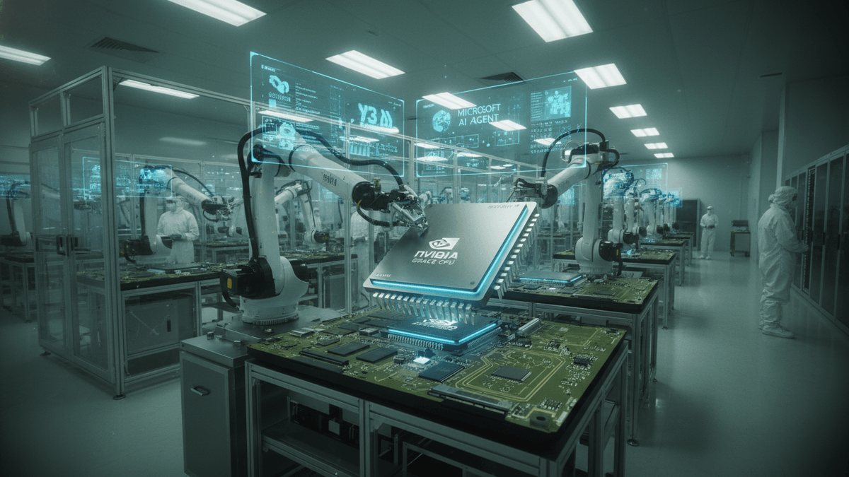 A sterile, brightly lit cleanroom with multiple robotic arms working on circuit boards. A holographic display of the NVIDIA Grace CPU is prominent.