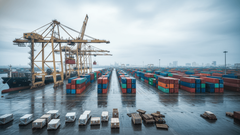 An expansive view of a shipping container terminal under an overcast sky, with rows of colorful containers and large cranes.