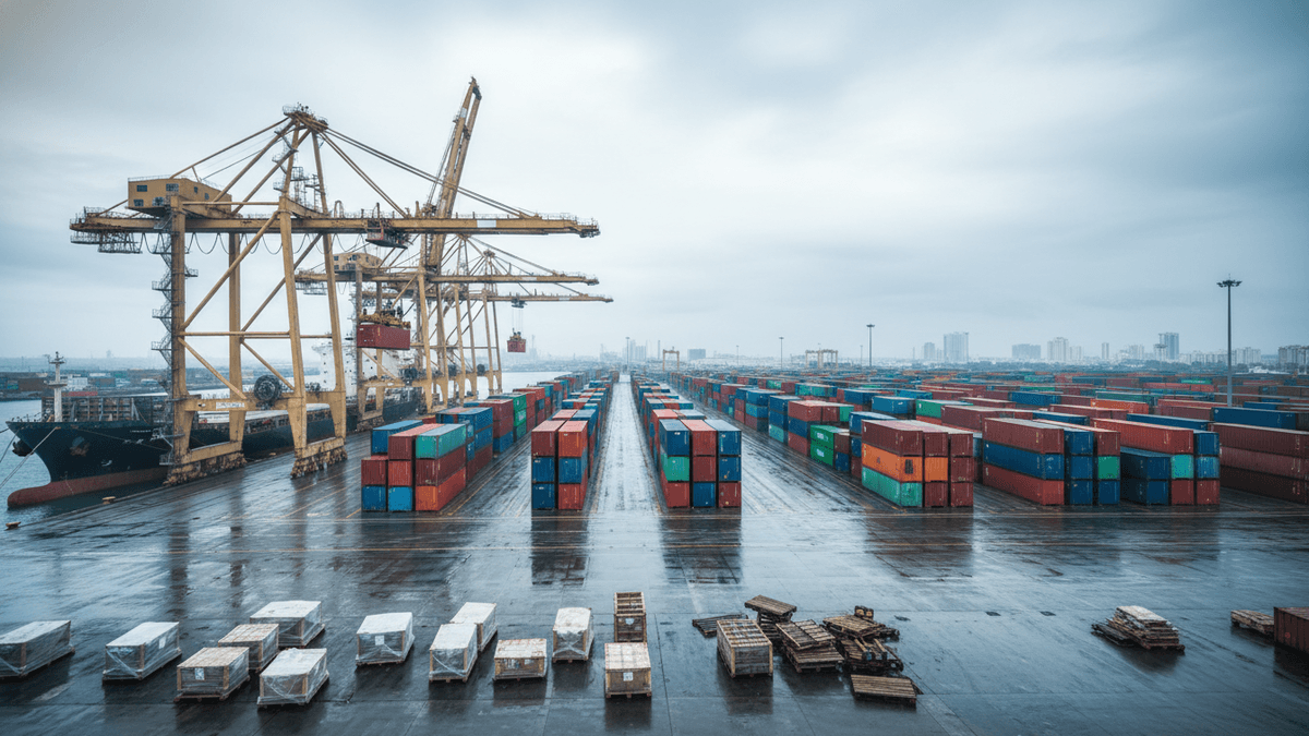 An expansive view of a shipping container terminal under an overcast sky, with rows of colorful containers and large cranes.