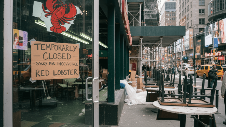 A "Temporarily Closed" sign is taped to the window of a Red Lobster restaurant in Times Square, New York City.