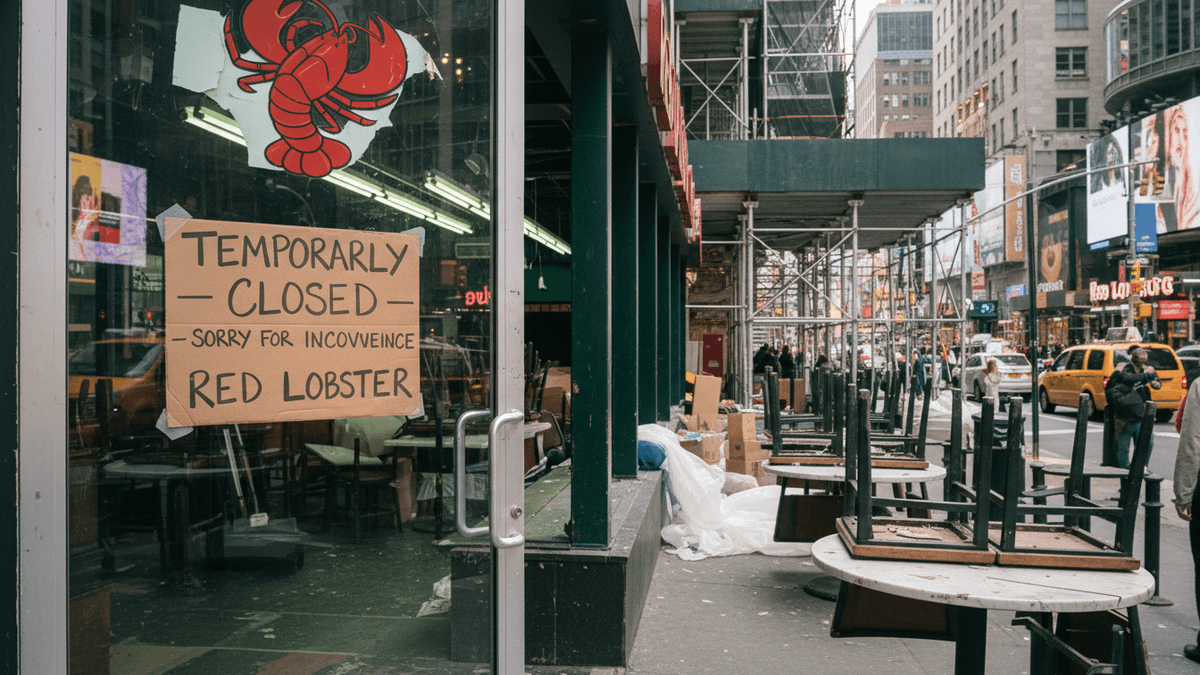 A "Temporarily Closed" sign is taped to the window of a Red Lobster restaurant in Times Square, New York City.