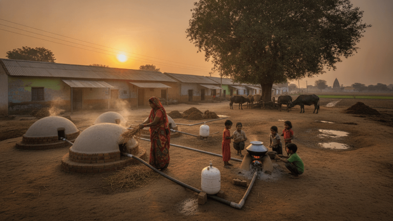 A wide-angle photo showing a woman cooking with biogas in a rural Indian village at sunset, with children, cattle, and mud houses.