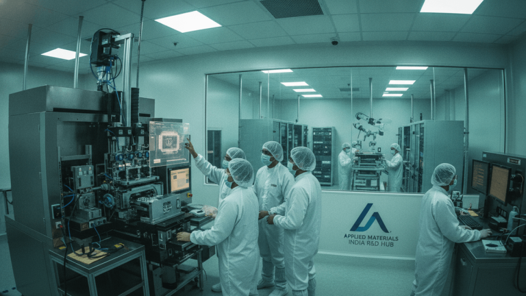 Wide shot of a cleanroom with engineers in white suits inspecting machinery and computer screens, a logo on the glass wall.