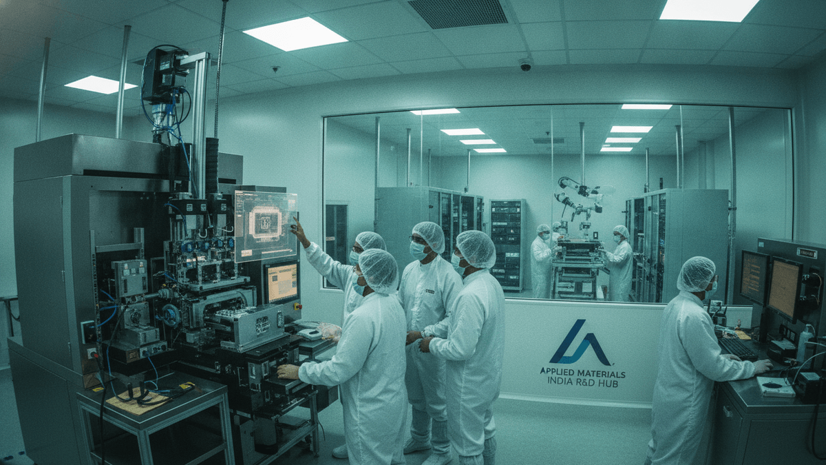 Wide shot of a cleanroom with engineers in white suits inspecting machinery and computer screens, a logo on the glass wall.