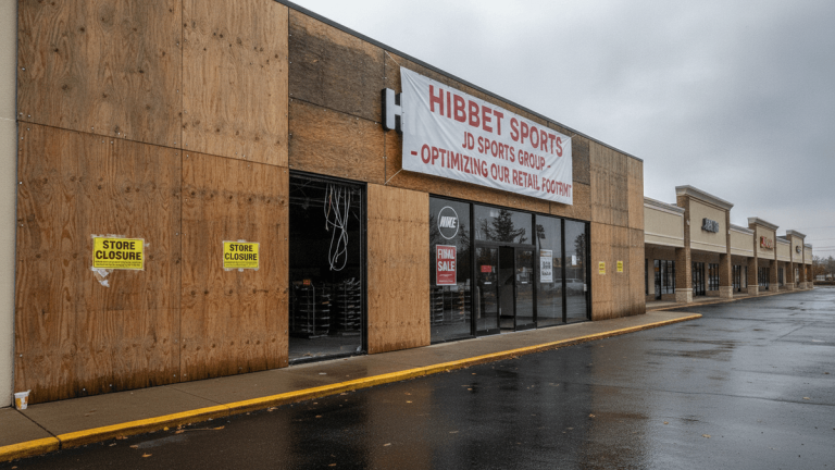 An empty retail storefront with a "Hibbet Sports" banner and "Store Closure" signs on boarded-up windows.