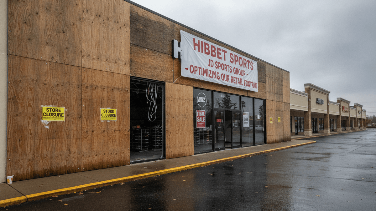 An empty retail storefront with a "Hibbet Sports" banner and "Store Closure" signs on boarded-up windows.