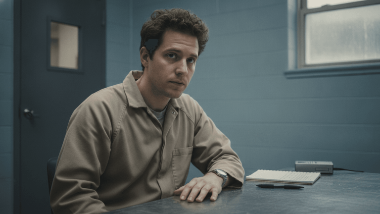 A man resembling Sam Bankman-Fried sits at a metal table in a pale blue prison room, wearing a tan jumpsuit.