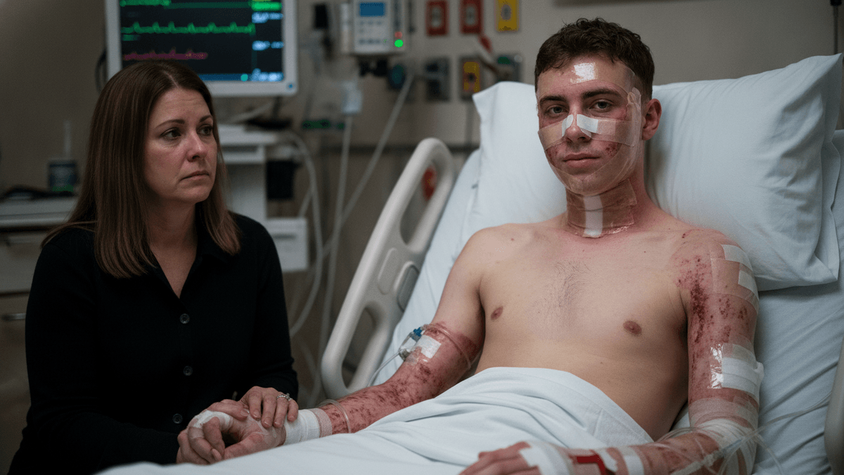 A young man with bandages on his face, neck, and arms sits in a hospital bed next to a woman holding his hand.