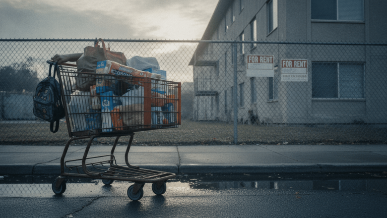 A rusty shopping cart overflowing with packaged groceries and toiletries sits on a wet asphalt sidewalk next to a chain-link fence. In the background, a worn apartment building with "FOR RENT" signs on the fence is visible under an overcast sky.