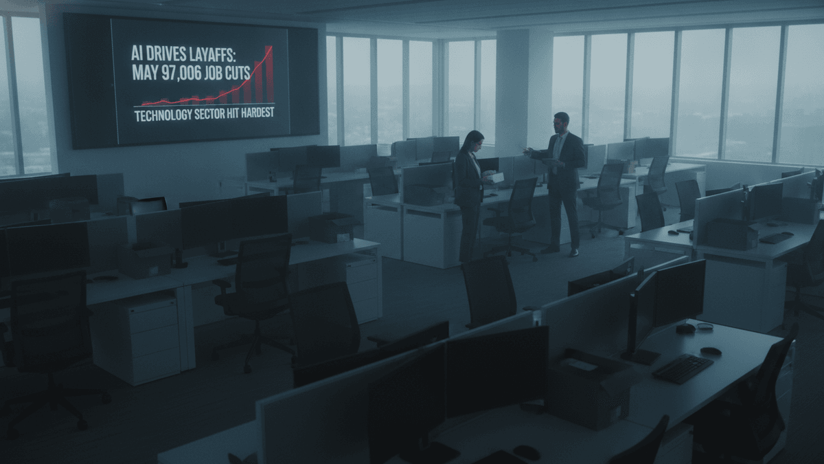 A wide shot of a contemporary office interior at dusk, with many empty desks and a large wall-mounted screen displaying a news graphic about AI-driven job cuts. Two figures stand conversing near the screen.