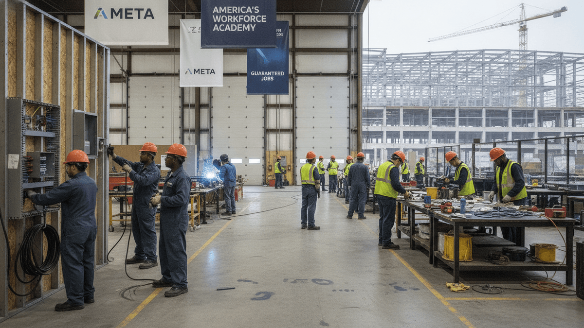 Wide shot of an industrial training facility with several construction workers in hard hats and vests working on electrical panels and welding.