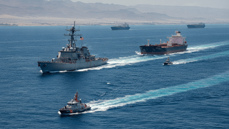 An aerial shot shows a US Navy destroyer leading several large merchant ships through a narrow blue waterway, flanked by arid mountains.