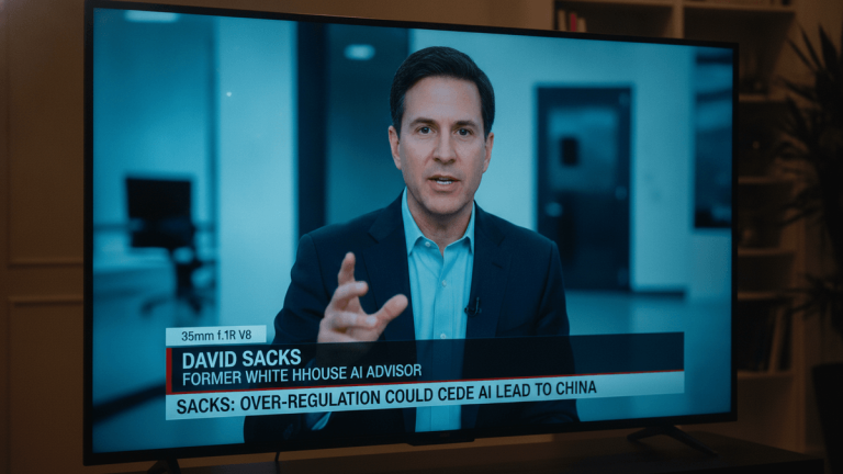 A close-up of a television screen showing a man, David Sacks, speaking. A lower-third graphic reads: "DAVID SACKS FORMER WHITEHOUSE AI ADVISOR" and "SACKS: OVER-REGULATION COULD CEDE AI LEAD TO CHINA." The room is dimly lit, with bookshelves blurred in the background.