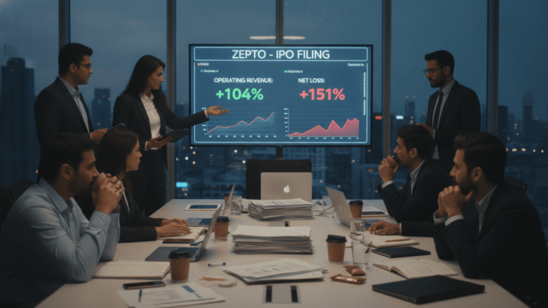 A group of professionals, some seated, some standing, in a modern office. A large screen displays "ZEPTO - IPO FILING" with financial charts.