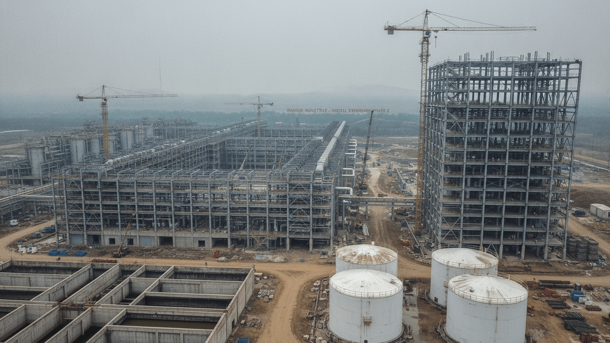 An aerial photograph shows a vast industrial construction site under an overcast sky. Large steel-framed buildings are under construction, with multiple cranes visible.