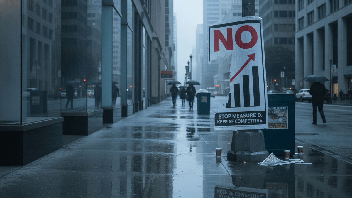 A "NO on Measure D" campaign poster is taped to a concrete block on a wet city sidewalk, with reflections of buildings and distant pedestrians under umbrellas.