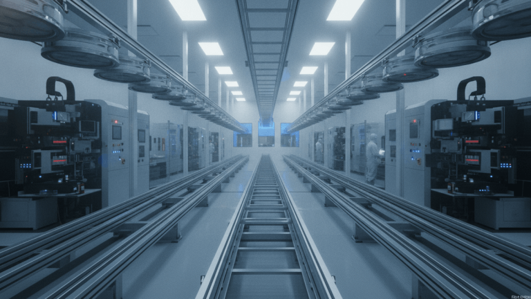 An ultra-realistic photograph shows a symmetrical cleanroom with automated machinery and tracks, illuminated by overhead lighting, with one technician.