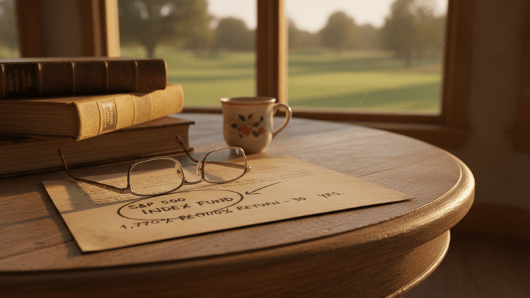 A pair of eyeglasses rests on a handwritten note about S&P 500 index funds, next to stacked books and a mug.