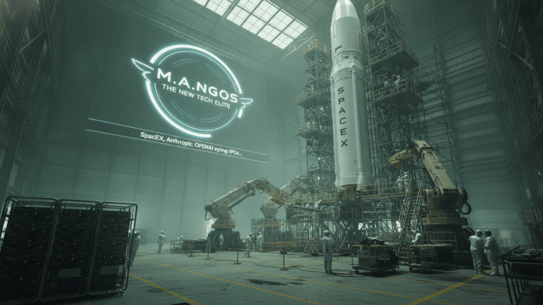 A large white SpaceX rocket stands tall within a dimly lit industrial hangar, surrounded by scaffolding and workers in white cleanroom suits.