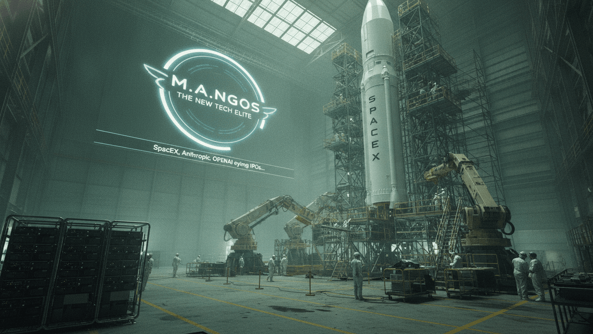 A large white SpaceX rocket stands tall within a dimly lit industrial hangar, surrounded by scaffolding and workers in white cleanroom suits.