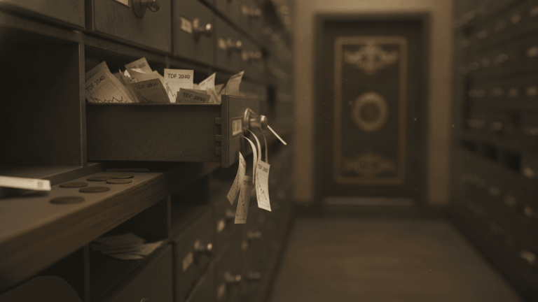 An open metal file drawer overflows with papers labeled "TDF 2040", "TDF 2030", and "TDF 2050". Copper coins sit on a wooden shelf below, with a blurred vault door in the background.