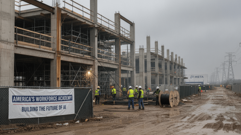 A "America's Workforce Academy" banner on a fence in front of a large concrete data center under construction.