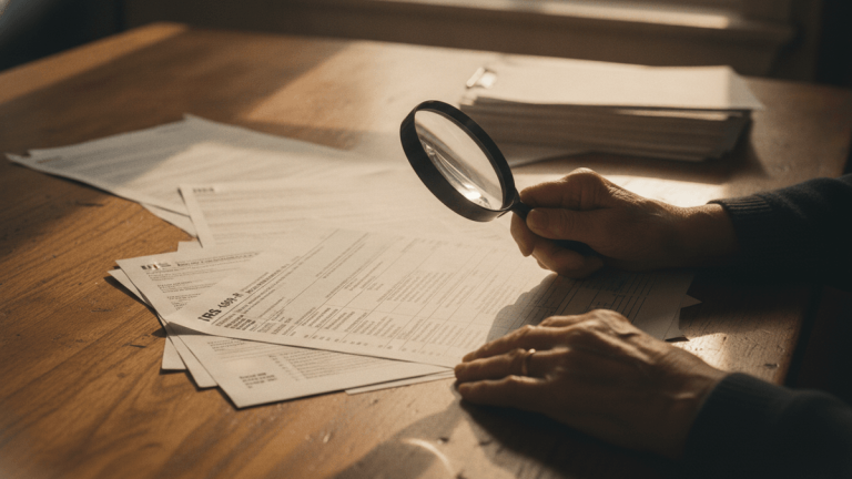 An overhead, slightly off-center shot shows two hands examining multiple IRS 1099-R tax forms spread across a warm-toned wooden table.