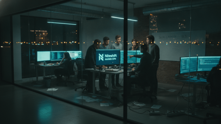 A group of five people, four standing and one sitting, gathered around a computer monitor displaying the "Niteshift RAISED $7M" logo.