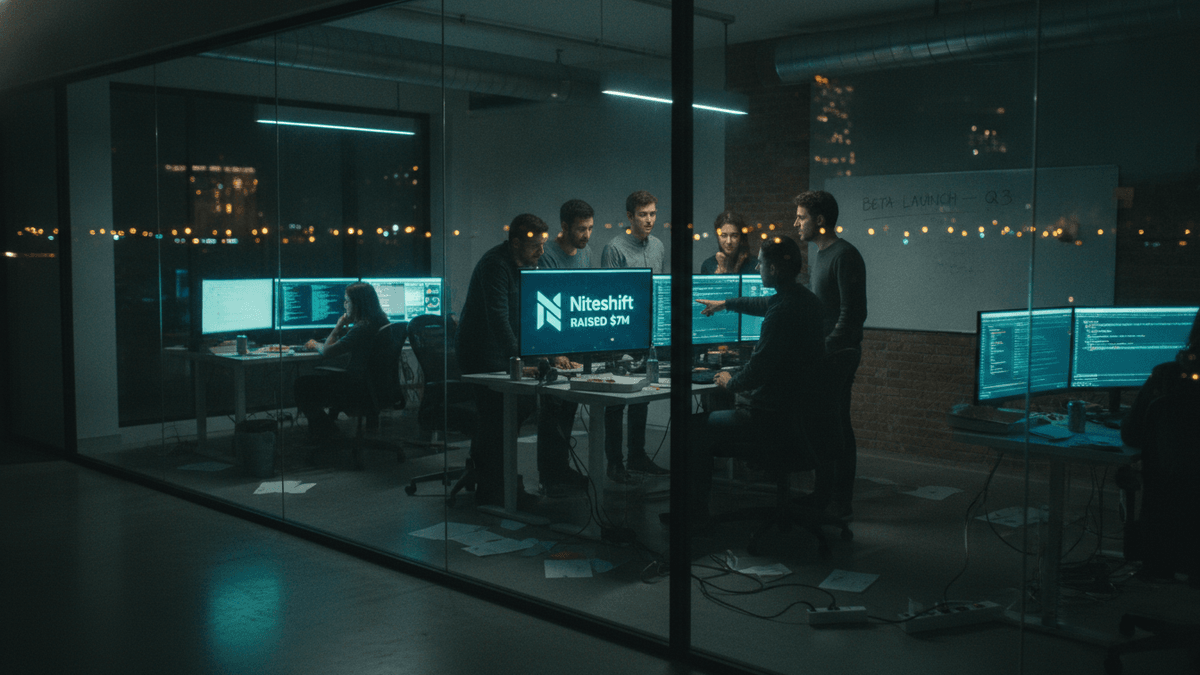 A group of five people, four standing and one sitting, gathered around a computer monitor displaying the "Niteshift RAISED $7M" logo.
