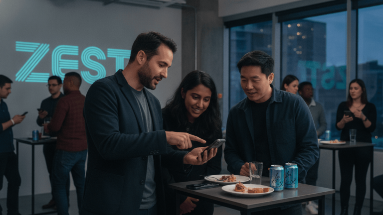 Three young professionals, two men and one woman, gather around a smartphone at a high-top table during an early evening launch event.