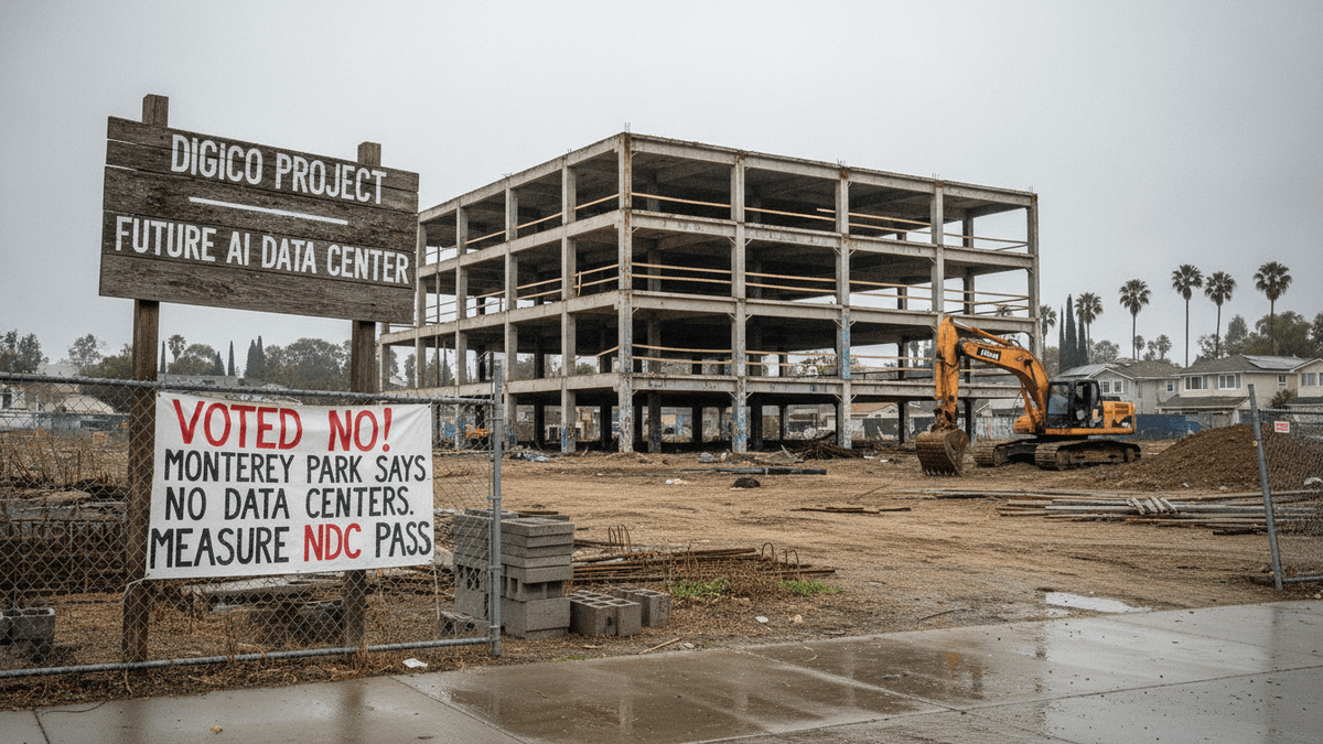 An unfinished concrete building frame stands on a muddy lot with an excavator and a protest banner reading "VOTED NO!"