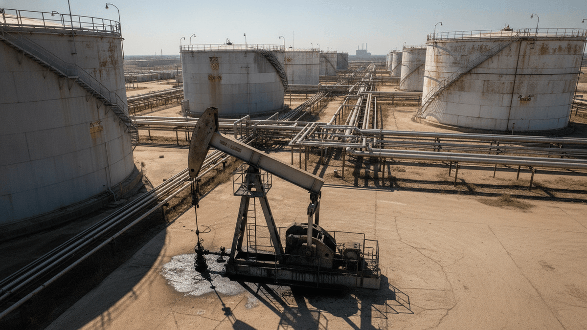 An aerial photograph captures an active oil pumpjack in the foreground, with numerous large, white crude oil storage tanks and interconnected pipelines stretching into the distance under a clear, bright sky.