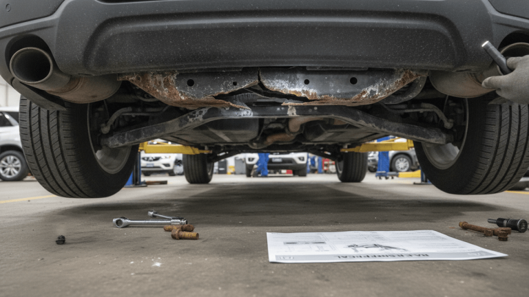 View from beneath a dark SUV on a lift, showing a heavily rusted rear subframe with visible structural damage.