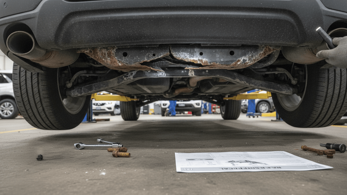 View from beneath a dark SUV on a lift, showing a heavily rusted rear subframe with visible structural damage.