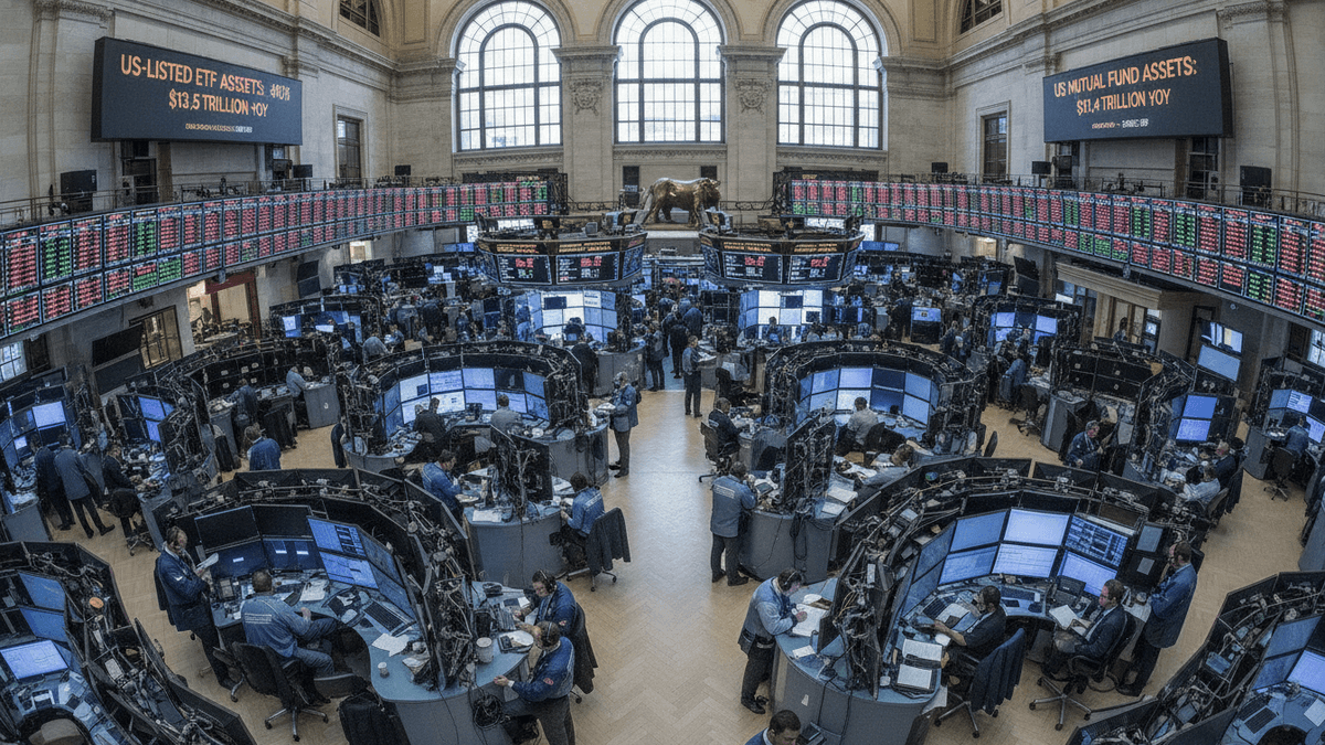 An ornate, high-ceilinged trading floor with multiple digital ticker boards displaying financial data, and numerous traders working at computer stations.