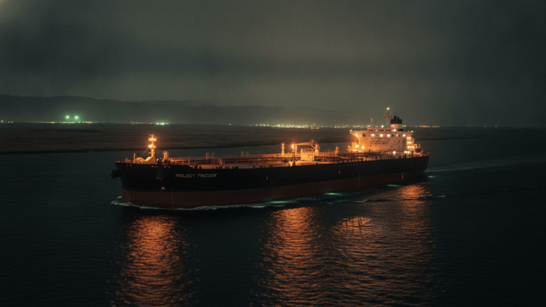 A large oil tanker named "Project Freedom" moves through dark water at night, illuminated by its own amber deck lights and casting reflections. Distant city lights glow faintly on the horizon under a hazy sky.