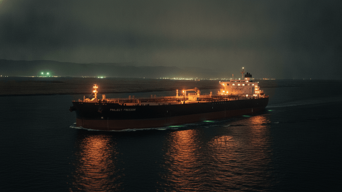 A large oil tanker named "Project Freedom" moves through dark water at night, illuminated by its own amber deck lights and casting reflections. Distant city lights glow faintly on the horizon under a hazy sky.