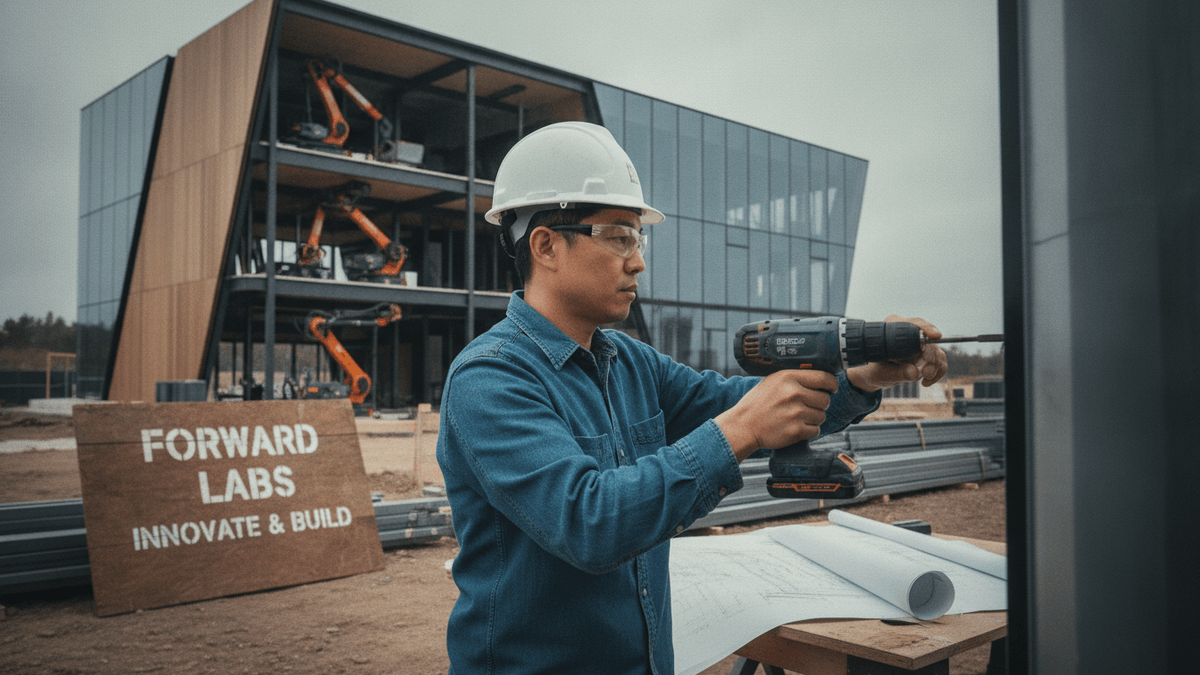 Andrew Yang, wearing a hard hat and safety glasses, operates a drill on a construction site with a modern building in the background.