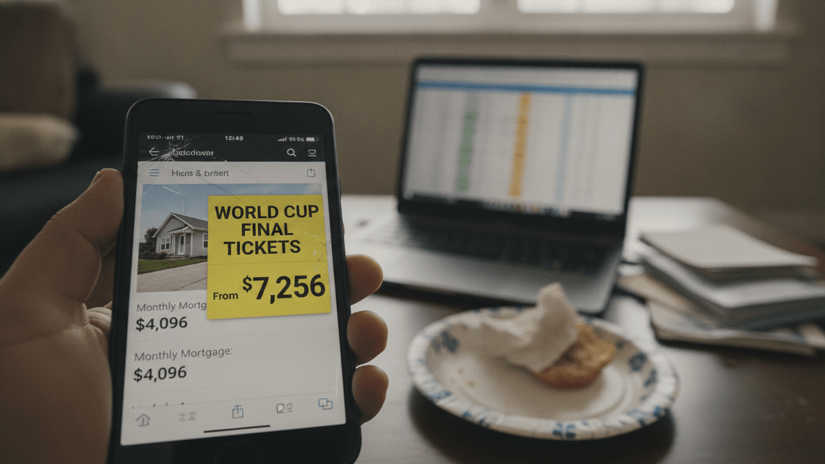 A hand holds a smartphone displaying a real estate listing, with a sticky note indicating "World Cup Final Tickets $7,256" covering part of the screen. In the background, a laptop and a paper plate with food are visible on a table in a home setting.