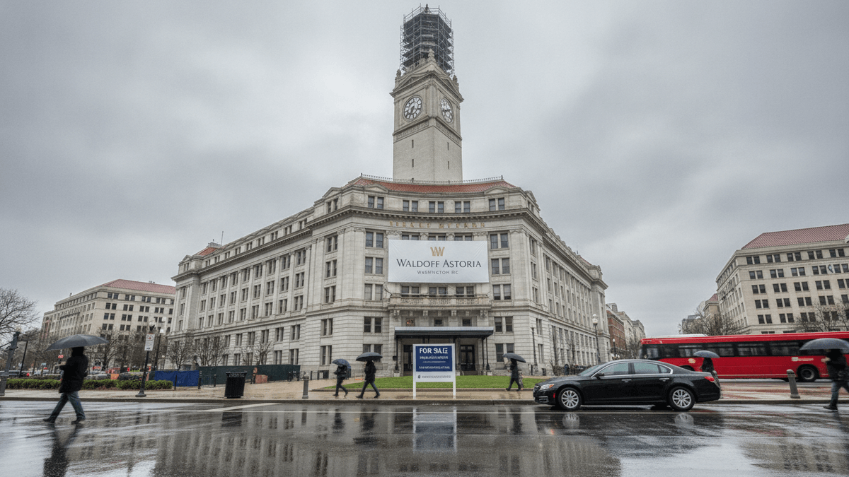 A wide exterior shot of the historic Old Post Office Building in Washington D.C., now the Waldorf Astoria.