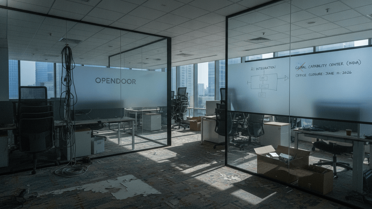 An empty, partially dismantled office space with frosted glass partitions. One partition has "OPENDOOR" stenciled, the other has handwritten notes and diagrams including "AI INTEGRATION" and "OFFICE CLOSURE: JUNE 10, 2026." Sunlight streams through large windows revealing distant city buildings.